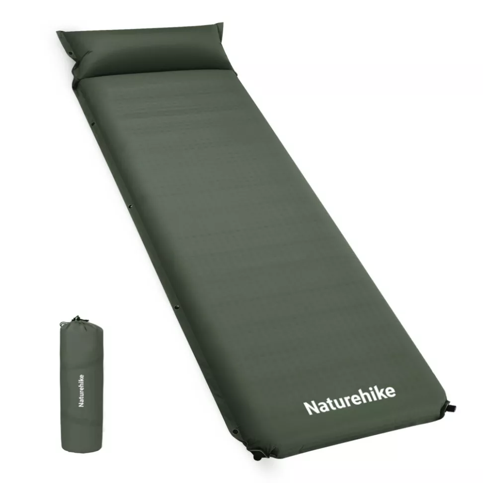 Коврик самонадувающийся одноместный с подушкой Naturehike CNK2450WS020, 100 мм, темно-зеленый