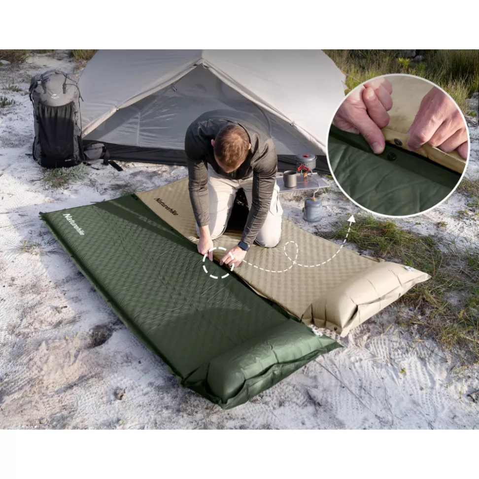 Коврик самонадувающийся одноместный с подушкой Naturehike CNK2450WS020, 100 мм, бежевый