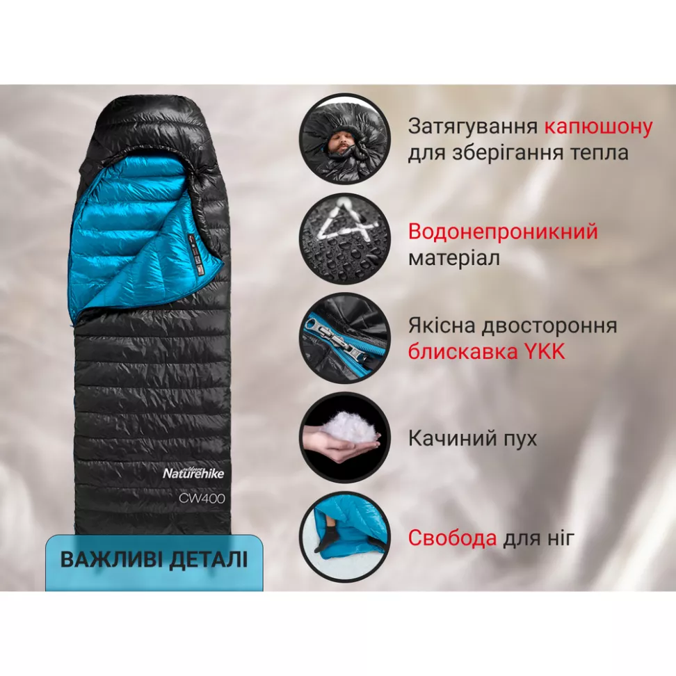 Спальник с натуральным пухом Naturehike CW400 Black-Blue