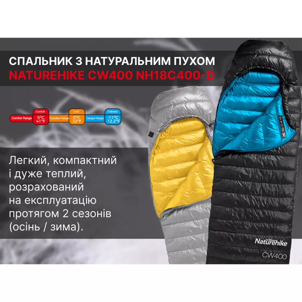 Спальник с натуральным пухом Naturehike CW400 NH18C400-D, р-р L, желто-серый