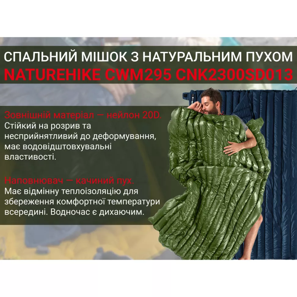 Спальный мешок с натуральным пухом Naturehike CWM295 CNK2300SD013, зеленый