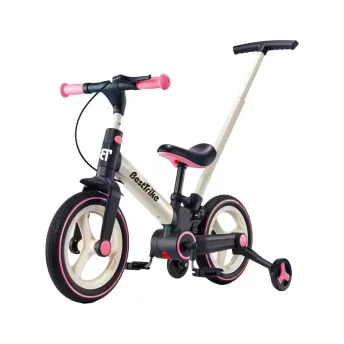 Двухколесный велосипед-трансформер Best Trike BT-12755 с родительской ручкой и ручным тормозом, Черно-розовый