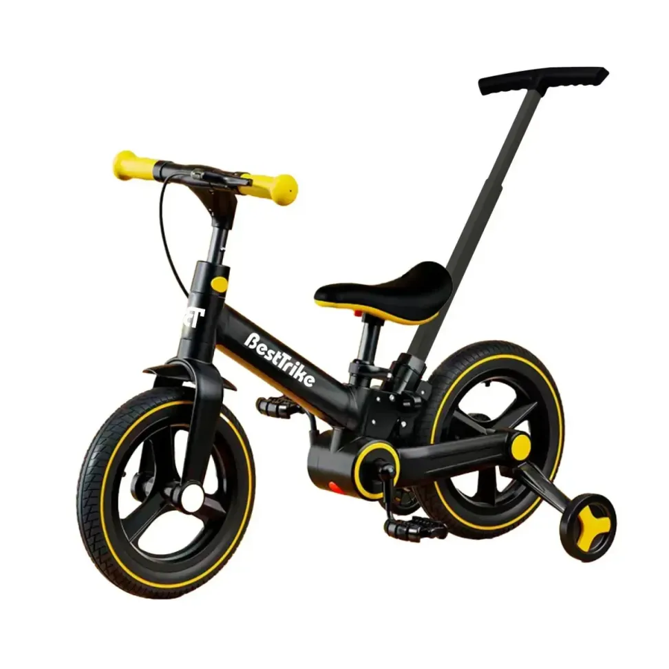 Двухколесный велосипед-трансформер Best Trike BT-72033 с родительской ручкой и ручным тормозом, Черно-желтый