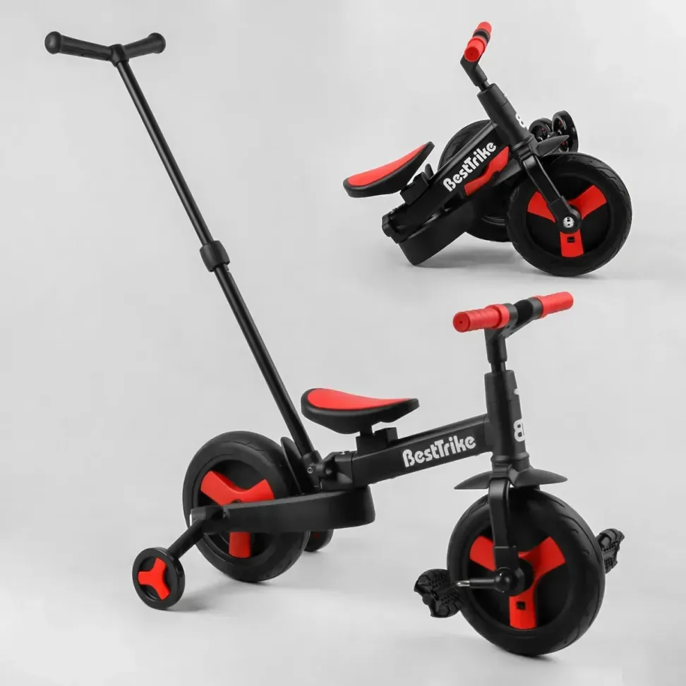 Детский трехколесный велосипед-трансформер Best Trike 23031 с родительской ручкой и съемными педалями, Черно-красный
