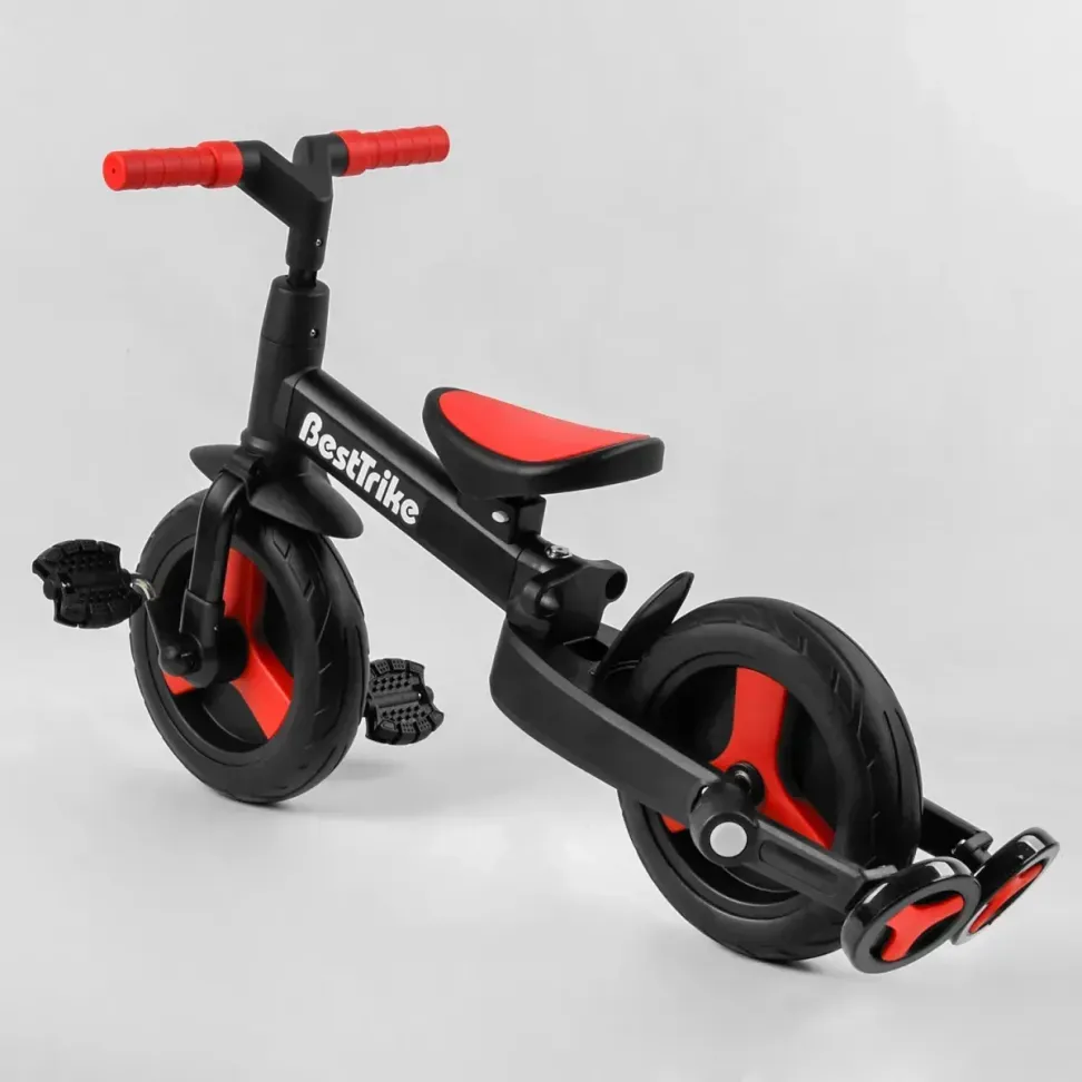 Детский трехколесный велосипед-трансформер Best Trike 23031 с родительской ручкой и съемными педалями, Черно-красный