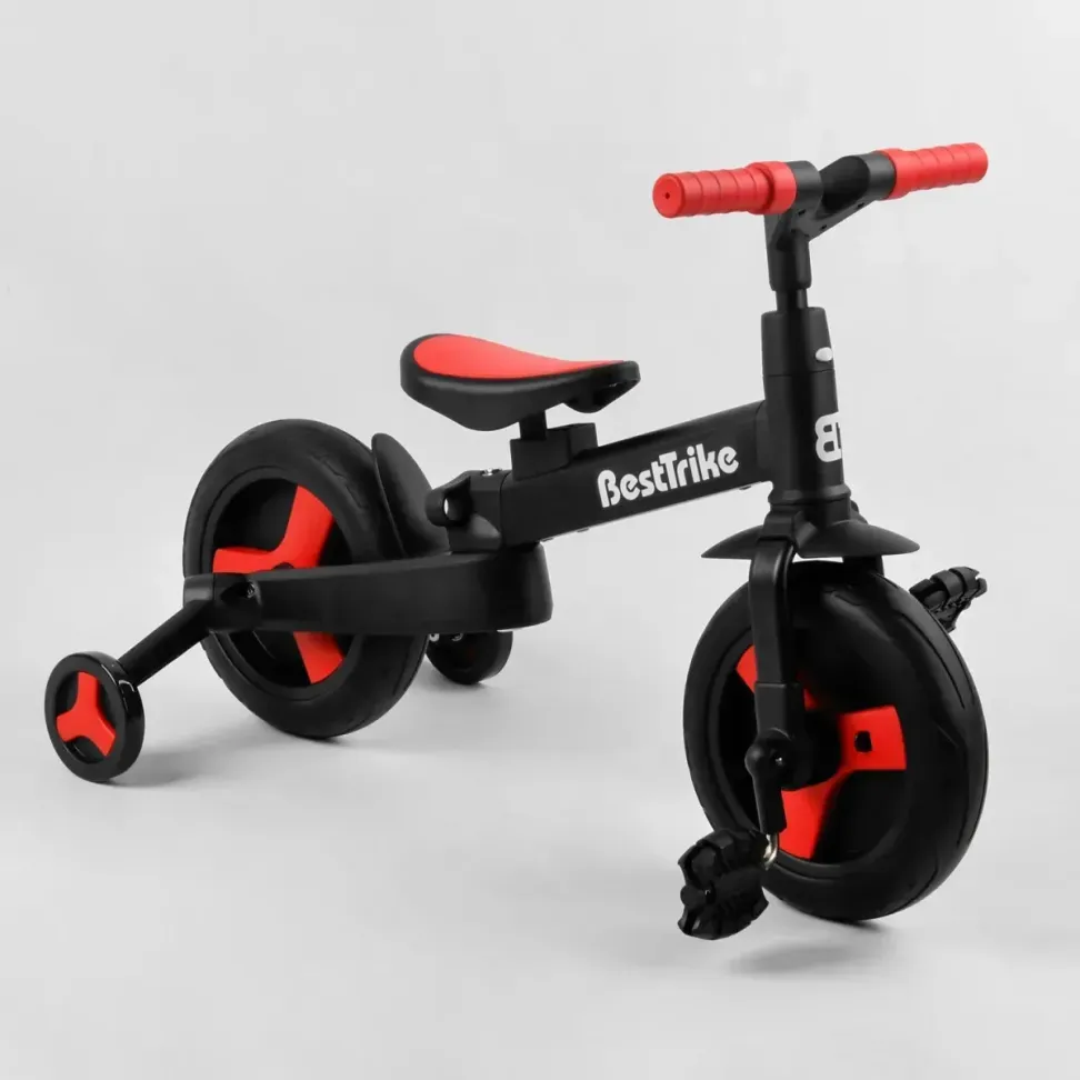 Детский трехколесный велосипед-трансформер Best Trike 23031 с родительской ручкой и съемными педалями, Черно-красный