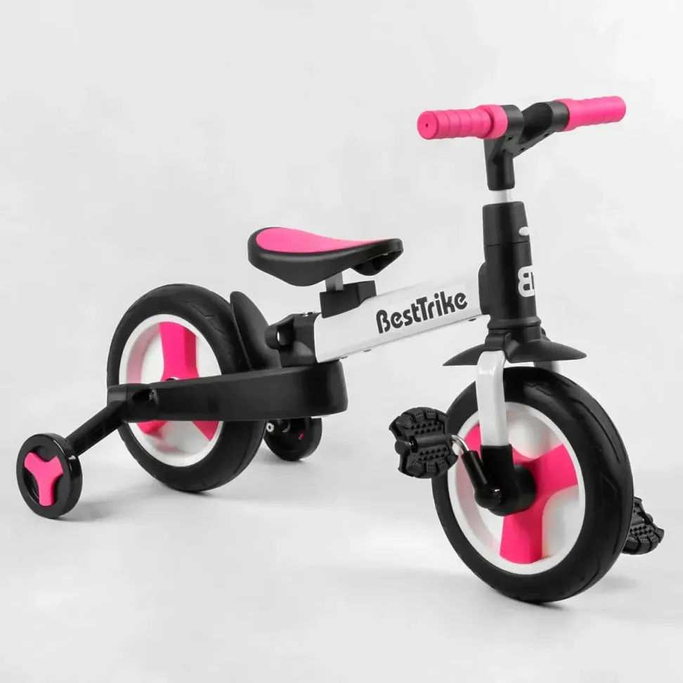 Детский трехколесный велосипед-трансформер Best Trike 23031 с родительской ручкой и съемными педалями, Черно-розовый