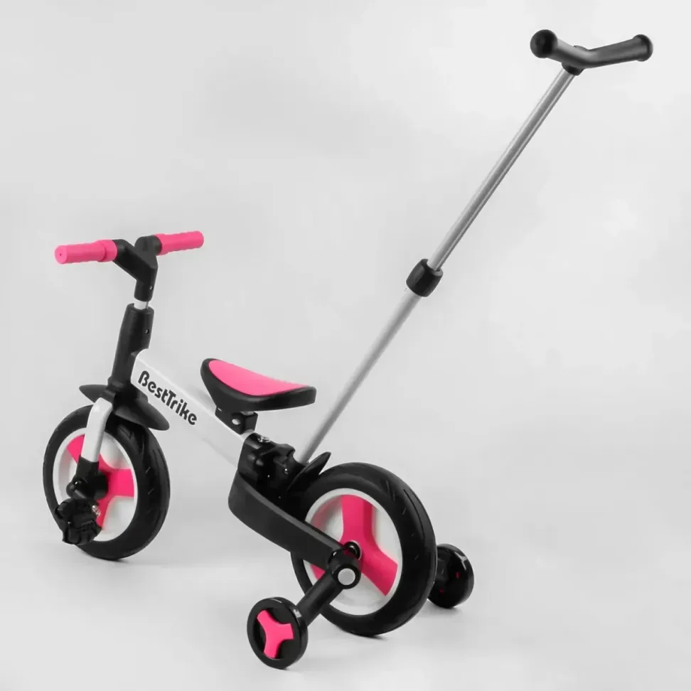 Детский трехколесный велосипед-трансформер Best Trike 23031 с родительской ручкой и съемными педалями, Черно-розовый