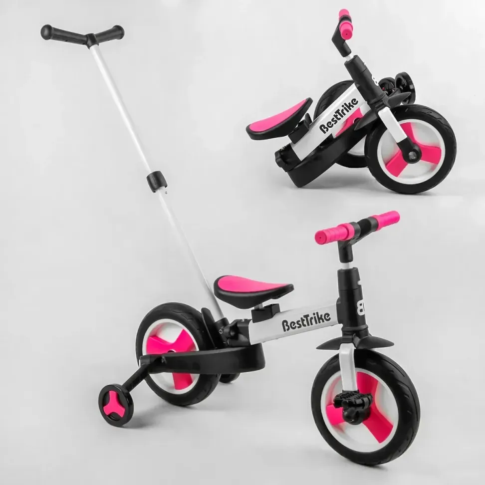 Детский трехколесный велосипед-трансформер Best Trike 23031 с родительской ручкой и съемными педалями, Черно-розовый