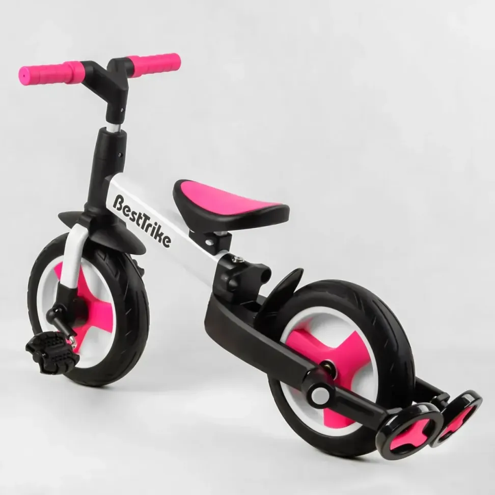 Детский трехколесный велосипед-трансформер Best Trike 23031 с родительской ручкой и съемными педалями, Черно-розовый