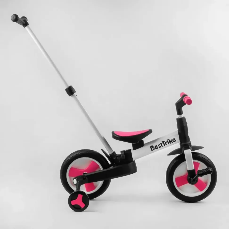 Детский трехколесный велосипед-трансформер Best Trike 23031 с родительской ручкой и съемными педалями, Черно-розовый