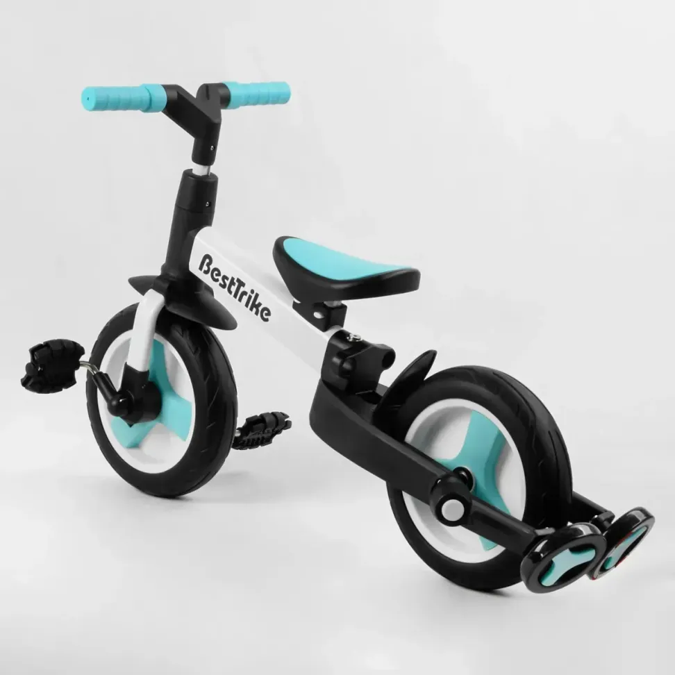 Детский трехколесный велосипед-трансформер Best Trike 23031 с родительской ручкой и съемными педалями, Черно-голубой