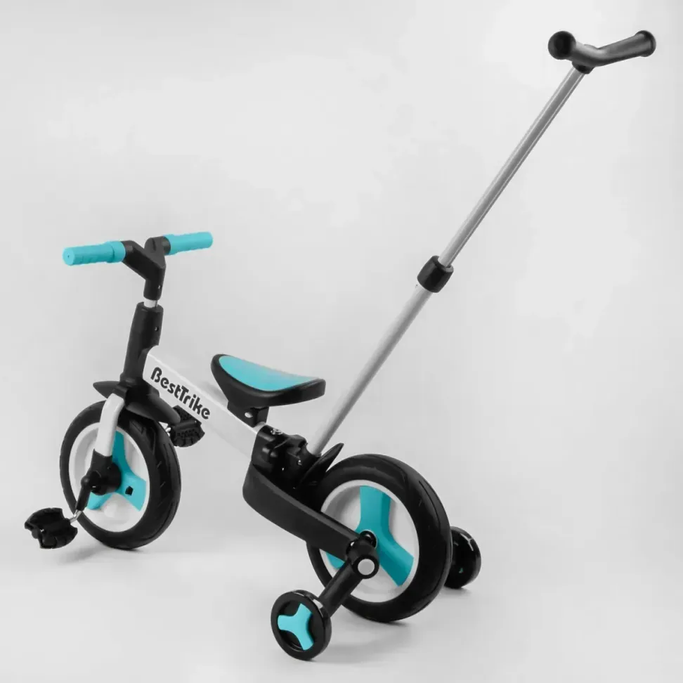 Детский трехколесный велосипед-трансформер Best Trike 23031 с родительской ручкой и съемными педалями, Черно-голубой