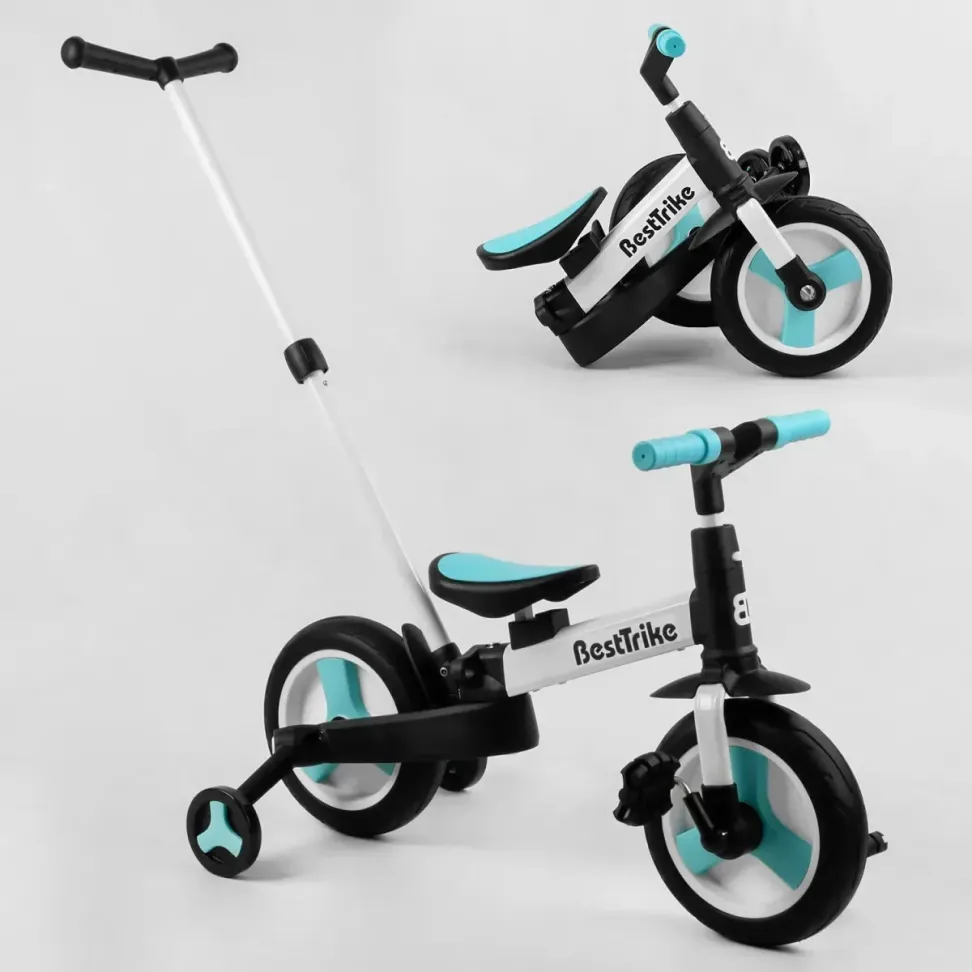 Детский трехколесный велосипед-трансформер Best Trike 23031 с родительской ручкой и съемными педалями, Черно-голубой