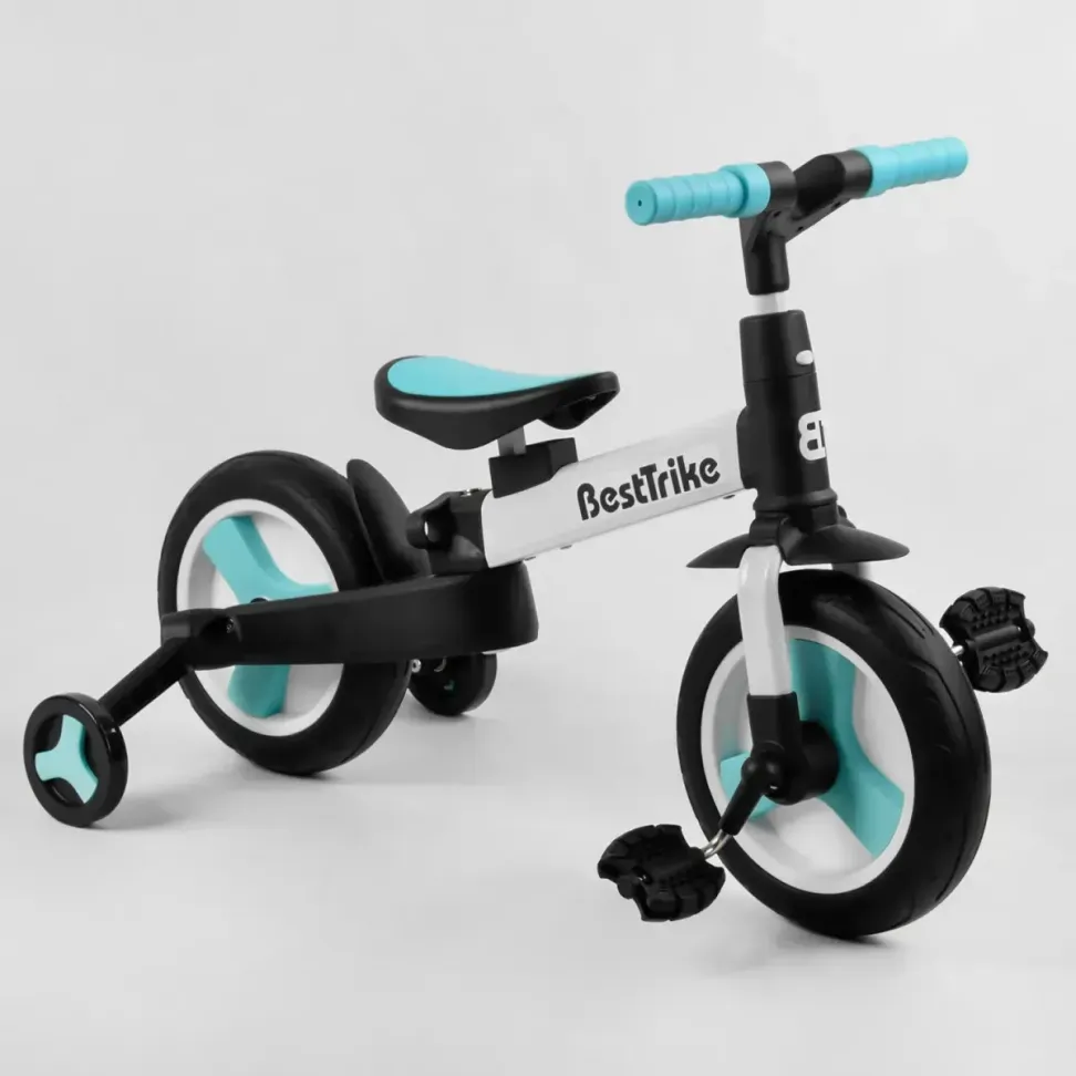 Детский трехколесный велосипед-трансформер Best Trike 23031 с родительской ручкой и съемными педалями, Черно-голубой