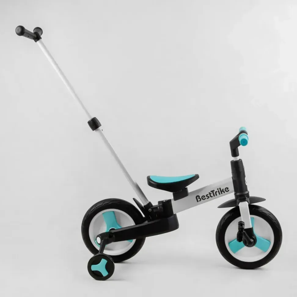 Детский трехколесный велосипед-трансформер Best Trike 23031 с родительской ручкой и съемными педалями, Черно-голубой