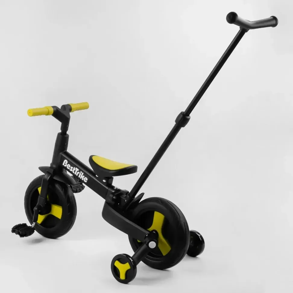 Детский трехколесный велосипед-трансформер Best Trike 23031 с родительской ручкой и съемными педалями, Черно-желтый