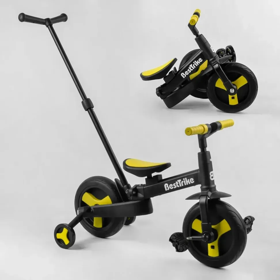 Детский трехколесный велосипед-трансформер Best Trike 23031 с родительской ручкой и съемными педалями, Черно-желтый