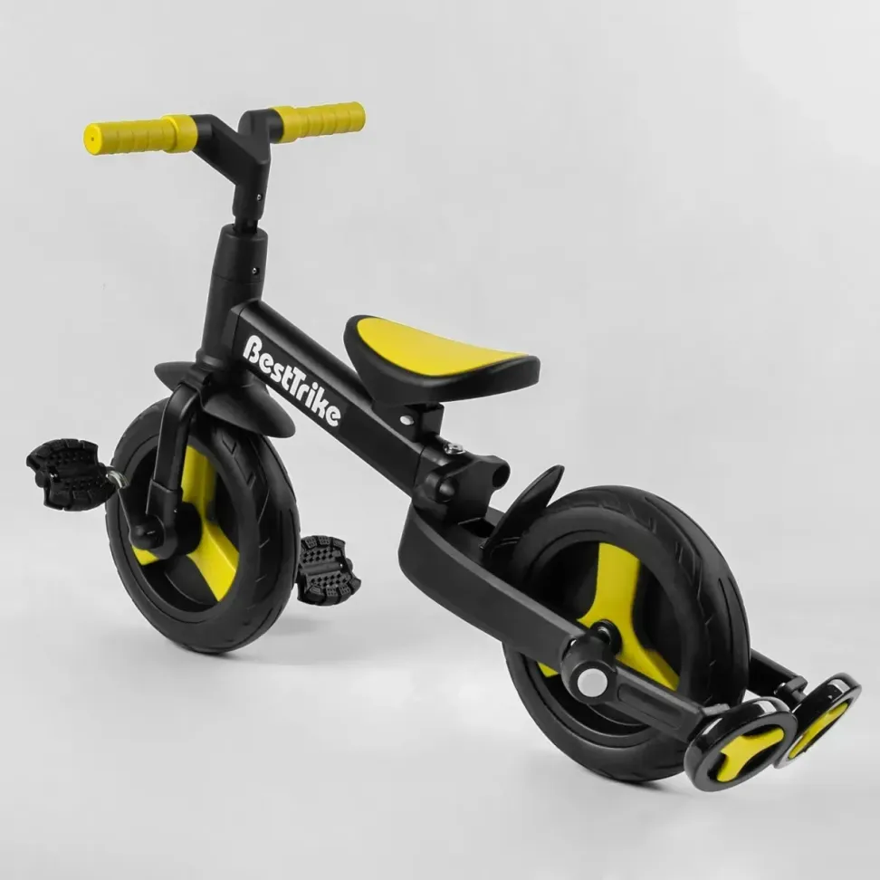 Детский трехколесный велосипед-трансформер Best Trike 23031 с родительской ручкой и съемными педалями, Черно-желтый