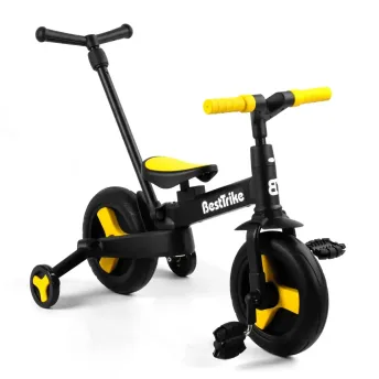 Детский трехколесный велосипед-трансформер Best Trike 23031 с родительской ручкой и съемными педалями, Черно-желтый