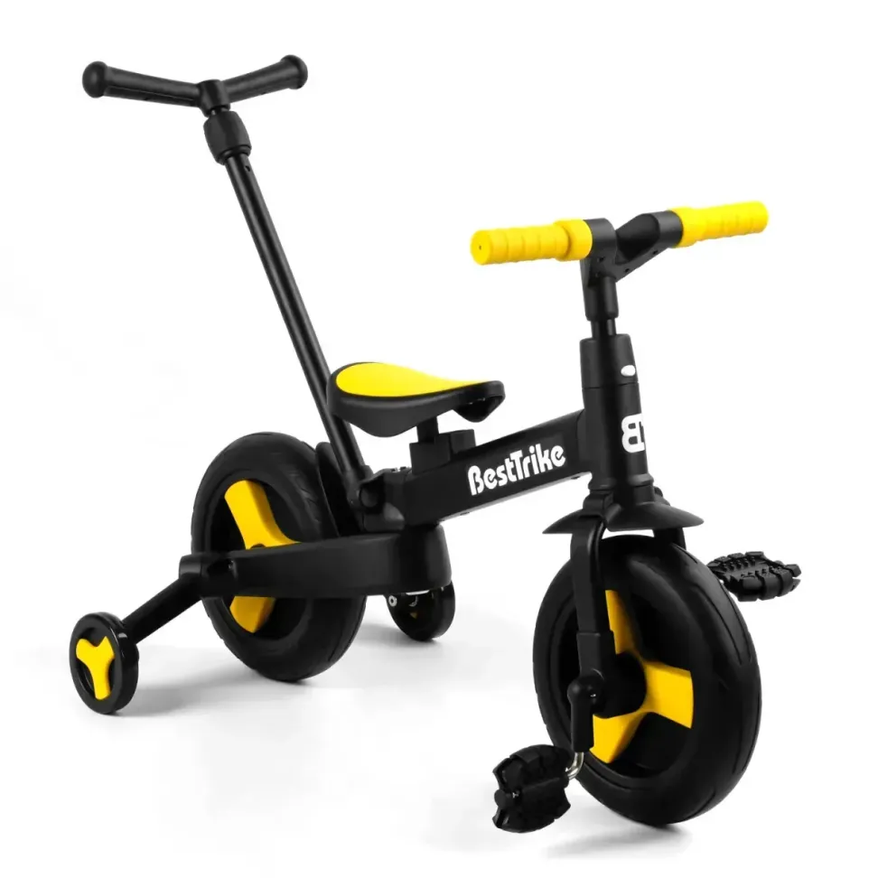 Детский трехколесный велосипед-трансформер Best Trike 23031 с родительской ручкой и съемными педалями, Черно-желтый
