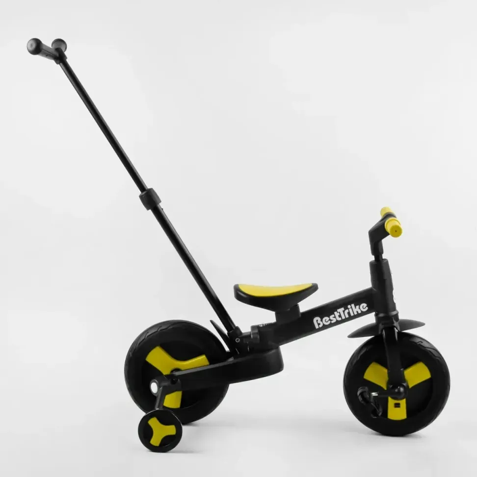 Детский трехколесный велосипед-трансформер Best Trike 23031 с родительской ручкой и съемными педалями, Черно-желтый