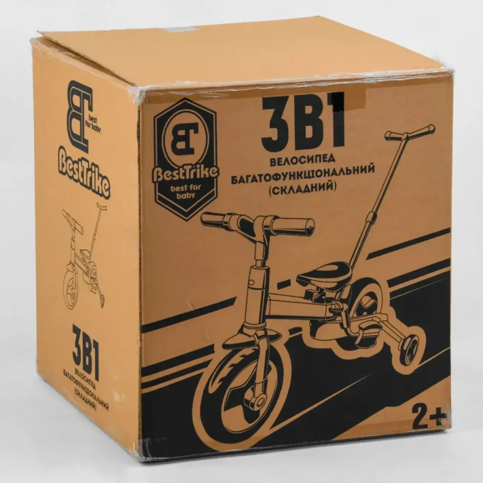 Детский трехколесный велосипед-трансформер Best Trike 23031 с родительской ручкой и съемными педалями, Черно-желтый