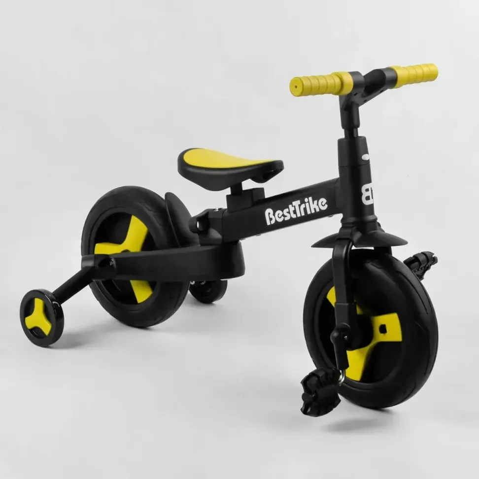 Детский трехколесный велосипед-трансформер Best Trike 23031 с родительской ручкой и съемными педалями, Черно-желтый