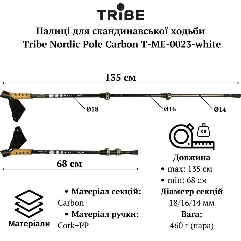 Палки для скандинавской ходьбы Tribe Nordic Pole Carbon T-ME-0023-white